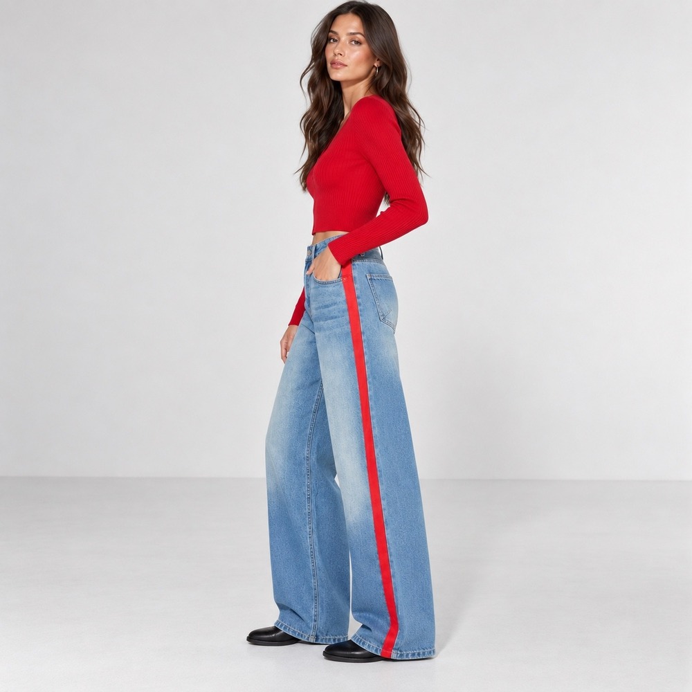 NWT COMMENSE Blue Denim Jeans Contrast Side Red Stripe Wide Leg Sporty Luxe S